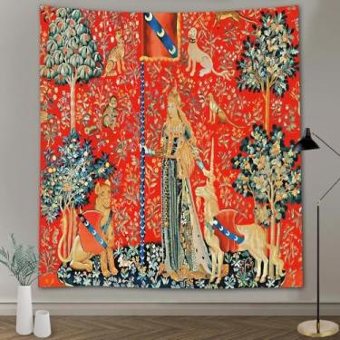 Imagem de FEASRT Tapeçaria real europeia tapeçaria de princesa medieval, flanela macia de 102 x 76 cm, dama e unicórnio para sala de estar, quarto, dormitório, decoração