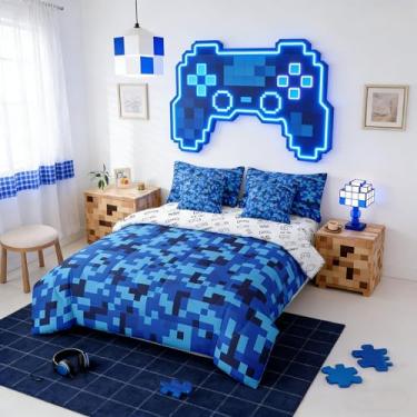 Imagem de Jogo de cama solteiro de camuflagem azul marinho, 7 peças, geométrico, para decoração de quarto de crianças, meninos, adolescentes, homens, lençol de cima, videogame, 2 fronhas, 2 fronhas