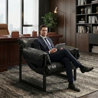 Imagem de Poltrona de couro moderna para sala de estar, Poltrona confortável com base de madeira