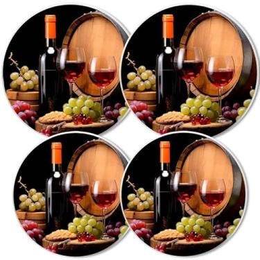 Imagem de Conjunto de 4 capas de queimador de fogão, vinho tinto com garrafa, copos e uvas capas redondas para capas de fogão elétrico 20 cm e 25 cm capa de queimador de metal borda branca