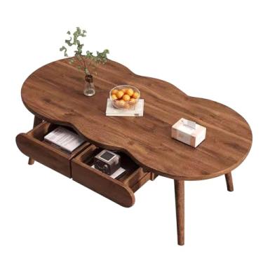 Imagem de Mesa de centro de madeira com gavetas, mesa lateral para sala de estar, mesa lateral de sofá, mesa central simples e moderna para espaço pequeno, mesa de centro de fazenda (cor nogueira)
