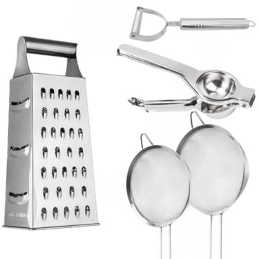 Imagem de Kit 7 Peças Ralador Peneiras Espremedor Limão Descascador Legumes Amassador Batata Alho Casa Cozinha Utensílios de Natal(5 PÇ RAL + ESPR + DESC + 2 PEN)