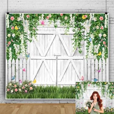 Imagem de Lexfvpoo Pano de fundo de primavera, 3 x 3 m, folhas verdes de Páscoa, flor, branco, porta de celeiro, pano de fundo de Páscoa, para fotografia, aniversário, chá de panela, decoração de casamento