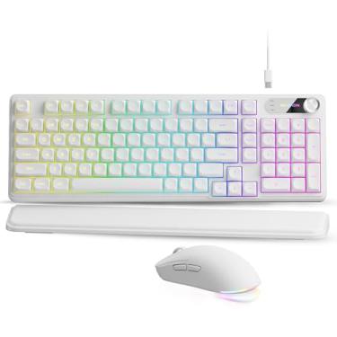 Imagem de EWEADN C98 Combo de teclado e mouse com fio, teclados de computador com fio com palma de pulso, teclas de disparo duplo, teclado com luz de fundo RGB silencioso para Windows/MAC/PC (branco)