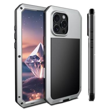 Imagem de Capa de metal para iPhone 16 Pro Max/16 Pro/16 Plus/16, capa resistente à prova de choque com protetor de tela de vidro integrado, capa protetora à prova de poeira de corpo inteiro 360