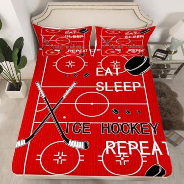 Imagem de jejeloiu Jogo de lençol solteiro infantil com estampa de bola de hóquei no gelo, temática esportiva, vermelho, bolso profundo