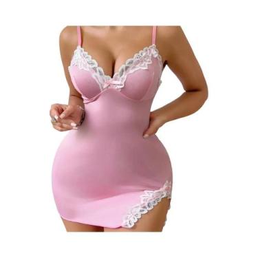 Imagem de Camisola De Verão Rosa Com Renda Sem Mangas E Decote Profundo Para Mul