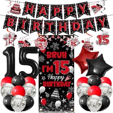 Imagem de MOIZYNG Decorações de aniversário de 15 anos para meninos e meninas, 30 peças preto vermelho Bruh I'm 15 Happy Birthday Banner Pano de fundo balões pendurados redemoinhos para decoração de festa de
