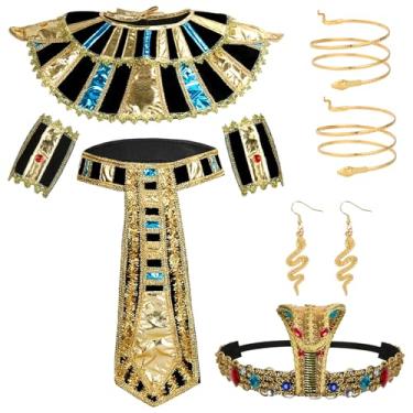 Imagem de ZANAUWEKED 9Pcs Egyptian Costume Accessories, Egyptian Headband Collar Belt Wristband Snake Armbands Earrings,Halloween Cleopatra Costume for Women Set Cleopatra Cosplay Costumes Multicolored