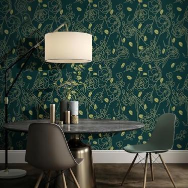 Imagem de Papel de parede novo estilo chinês esboço floral PVC impermeável papel de parede espesso para sala de estar quarto estudo escritório fundo decoração de parede verde e dourado 44 * 500 cm