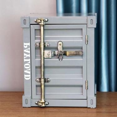 Imagem de Mesa lateral, armário de armazenamento estilo industrial retrô de metal, mesa de cabeceira estilo contêiner marítimo, mesa de cabeceira criativa, mesa de canto de ferro para quarto e sala de estar