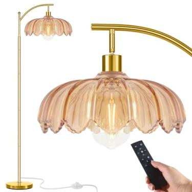 Imagem de gernehop Luminária de chão dourada para sala de estar com controle remoto, luminária alta vintage exclusiva, lâmpadas de piso modernas de meados do século, lâmpadas de piso de arco de vidro para canto