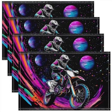 Imagem de Jogo americano de motocicleta, conjunto de 4 para crianças, motociclista, motocross, 30,5 x 45,7 cm, aquarela, grafite, planeta, tapetes de mesa preto e branco quadriculado para mesa de jantar