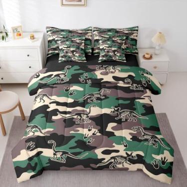 Imagem de Erosebridal Jogo de cama queen camuflado de dinossauro, estilo camuflado, exército, 7 peças, com lençol 3D, vintage, temática de caça, dinossauro, esqueleto, fazenda, verde, edredom