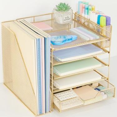 Imagem de Gugsey Organizador de mesa, organizador de 5 camadas com suporte de arquivo, gaveta e suporte de caneta, organizador de mesa para material de escritório, dourado