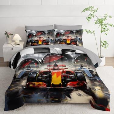 Imagem de Smell Sunshine Jogo de cama com estampa de corrida em vermelho e azul, 7 peças, com 1 edredom, 1 lençol de cima, 1 lençol com elástico e 4 fronhas para quarto de meninos e meninas (Queen)