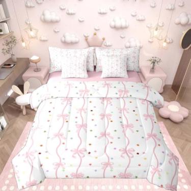 Imagem de Feelyou Conjunto de edredom solteiro com laço rosa com estampa de bolinhas, 7 peças, para decoração de quarto de princesa, macio, leve e macio