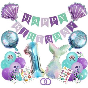 Imagem de Conjunto de balões de festa com tema de sereia, 1º aniversário, 26 uni