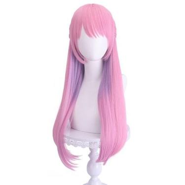 Imagem de Peruca de cosplay rosa pastel e roxa longa reta 65cm - yiweisai