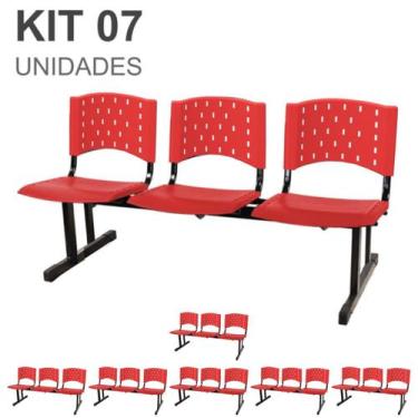 Imagem de Kit 07 Cadeiras longarinas PLÁSTICAS 03 Lugares - Cor VERMELHO - REALP