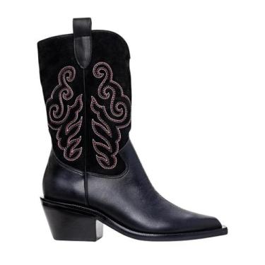 Imagem de Bota Carrano Feminina Western Bordado Black Smooth Couro, 38, Smooth, 