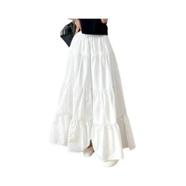 Imagem de Saia Maxi Feminina De Cintura Elástica Em Cor Sólida, Estilo A-line, C