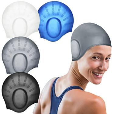 Imagem de Pacote com 4 toucas de natação de silicone com proteção de orelha 3D à prova d'água, touca de natação lisa, unissex, chapéu de natação para crianças, mulheres, homens, adultos, crianças, adolescentes, cabelos longos, 4 cores