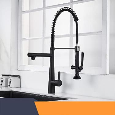 Imagem de Torneira de cozinha com bico duplo de puxar para baixo em latão maciço com furo único, torneira misturadora de pia de cozinha preto fosco, preto, china