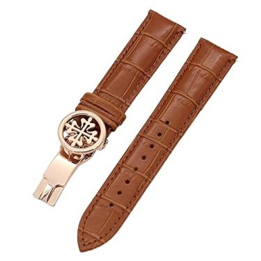 Imagem de CZKE Pulseira de relógio de couro genuíno 19 mm 20 mm 22 mm pulseiras de relógio para Patek Philippe Wath pulseiras com aço inoxidável fecho de implantação homens mulheres (cor: rosa marrom claro,