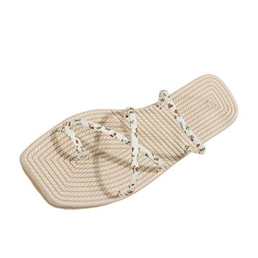 Imagem de Sandálias de gravata borboleta para mulheres moda verão estampa floral Dabric Toe sandálias planas de tecido de grama, Bege, 7.5