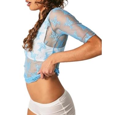 Imagem de ROJZR Camisetas femininas de malha de manga curta, gola redonda, transparente, renda transparente em camadas em camiseta luxuosa, Azul, G