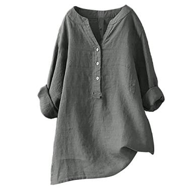 Imagem de Camisa feminina de linho, abotoada, 2024, casual, verão, gola V, manga comprida, cor sólida, túnica, blusa solta para trabalho, Z01 - Cinza, 4XG