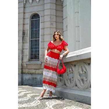 Imagem de Saia de tricot modal feminina - ETEZO, Cós vermelho, ÚNICO