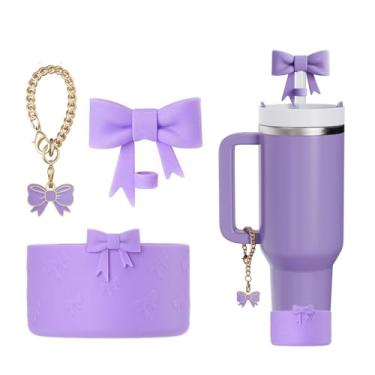 Imagem de AXMCCH Tampa de garrafa de silicone de 7,5 cm e topo de canudo em forma de laço de 10 mm para copo Stanley de 340 a 1,134 g (3 peças roxas)