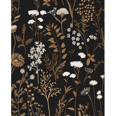 Imagem de Papel de parede floral preto descascar e colar, papel de contato vintage ouro escuro, papel de parede botânico boêmio antigo dourado autoadesivo removível à prova d'água para quarto armário gaveta
