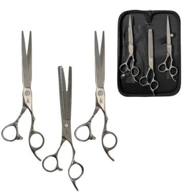 Imagem de Kit Tesouras Profissionais Fio Laser Desfiadeira Navalha - Mofashi, Pr