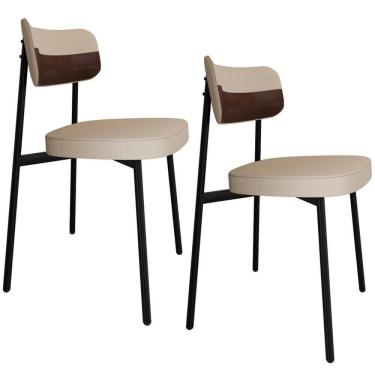 Imagem de Kit 02 Cadeiras Estofada Para Sala De Jantar Astrid Preto C01 Linho Areia Courino Whisky - Lyam Decor