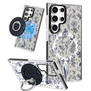 Imagem de Lotadilo Linda capa para Samsung Galaxy S25 Ultra para mulheres e meninas - Design engraçado de flores de linha azul compatível com suporte magnético Magsafe com suporte de anel magnético da moda TPU