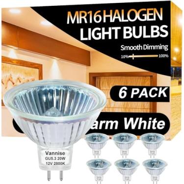 Imagem de Vannise Lâmpada de halogêneo MR16 20W, alto rendimento 300LM MR16 20W 12V branco quente 2800K, base de halogênio GU5.3, MR16 regulável com tampa de vidro transparente, lâmpada de halogênio MR 16 12V