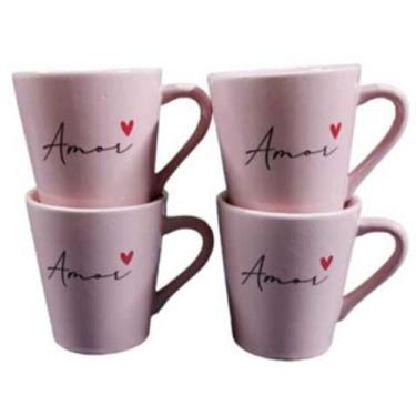 Imagem de Kit 4 Canecas Porcelana Rosa Personalizada Amor Xicara Servir Café Chá