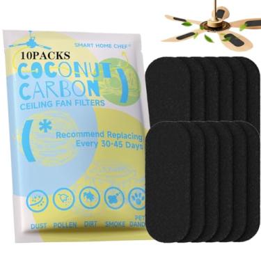 Imagem de SMART HOME CHEF Filtros de ventilador de teto para lâminas com carvão de coco ativado - pacote com 10 | fácil de colar | retém poeira, pelos de animais de estimação e pólen | Redução inodoro para casa