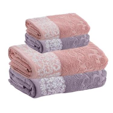 Imagem de Jogo de Toalhas Medalhão Banho/Rosto Algodão 4 Peças Corttex, Rosa/Aza