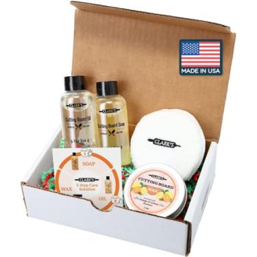 Imagem de CLARK'S Kit de cuidados com tábua de corte, inclui óleo de tábua de cortar madeira, sabão, cera e almofada de polimento, óleo mineral de grau alimentício, conjunto de presente de inauguração de casa