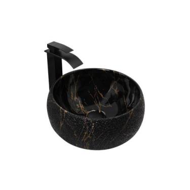 Imagem de Kit Cuba Pia Louça Cerâmica Banheiro C/Torn E Vál Preta 64 - Smart Nor