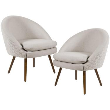 Imagem de Kit 02 Poltronas Decorativas Fixa Pés Palito Rafa D02 Tressê Linho Bege C-107 - Lyam Decor