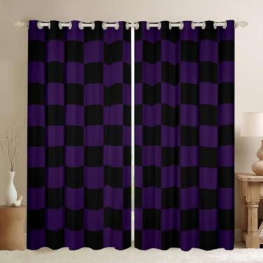 Imagem de Cortinas quadriculadas para quarto sala de estar roxo preto xadrez cortinas de janela bonito retrô neutro quadriculado geométrico tratamentos de janela, 2 painéis 106 x 150 cm decoração de quarto