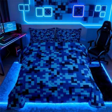 Imagem de Conjunto de edredom de camuflagem azul marinho, tamanho casal, geométrico, xadrez, 3 peças, para decoração de quarto de crianças, meninos, adolescentes, homens, estilo mineiro, pixelado, edredom de