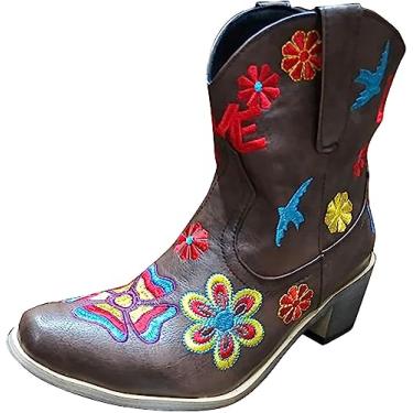 Imagem de Botas femininas de caubói ocidental bordadas, botas de cano baixo, retrô, colorida, flor quadrada, sem fecho, botas grossas de salto médio, Marrom, 8.5