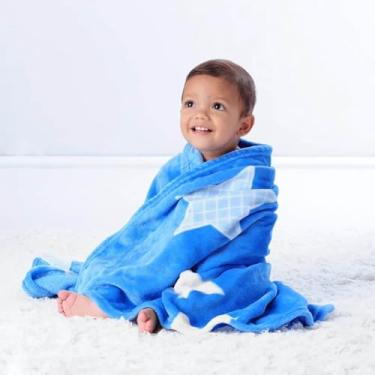 Imagem de Manta Cobertor Infantil em Flanela, 4 estampas, Antialérgica, 75x100cm, para Bebê, Toque Aveludado e Macio, Poliéster (Azul com estrelas)