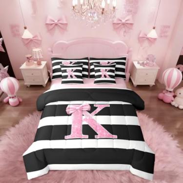 Imagem de Erosebridal Conjunto de cama Queen com monograma, letra K, 7 peças, com laço rosa em uma bolsa, conjunto de edredom com inicial de glitter, para decoração de quarto de meninas e adolescentes, preto e